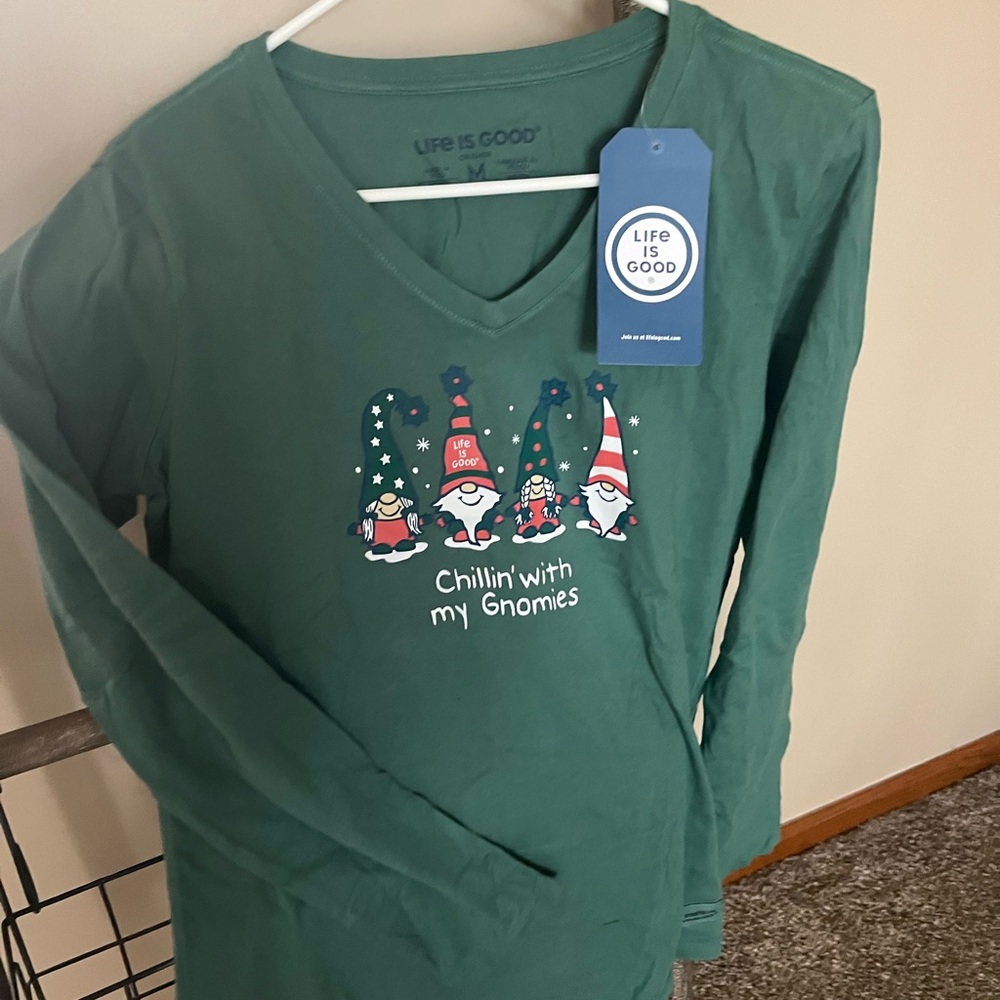 Life Is Good Evergreen Green 'Chillin' with My Gnomies' Long Sleeve V-Neck NWT